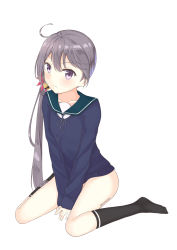 Rule 34 | 1girl, akebono (kancolle), aroma0501, bell, between legs, black socks, blue sweater, blush, closed mouth, collarbone, commentary request, fingernails, flower, green sailor collar, grey hair, hair bell, hair between eyes, hair flower, hair ornament, hand between legs, highres, jingle bell, kantai collection, kneehighs, long hair, long sleeves, looking at viewer, no pants, no shoes, purple eyes, red flower, sailor collar, school uniform, serafuku, shirt, side ponytail, sidelocks, simple background, sleeves past wrists, socks, solo, sweater, thighs, twitter username, very long hair, white background, white shirt