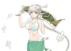 Rule 34 | 10s, 1girl, adapted costume, alternate costume, asymmetrical hair, bikini, braid, breasts, cloud print, commentary request, female focus, fig (lchijiku), halterneck, jitome, kantai collection, large breasts, light smile, long hair, looking at viewer, sarong, shikigami, side-tie bikini bottom, silver hair, simple background, single braid, solo, stomach, swimsuit, unryuu (kancolle), very long hair, white bikini