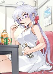 Rule 34 | 10s, 1girl, absurdres, ahoge, blush, breasts, calendar, candy, commentary request, crumbs, dress, drink, eating, food, hair ornament, hair scrunchie, highres, holding, indoors, lips, long hair, looking at viewer, medium breasts, mouth hold, noodles, pocky, purple eyes, ramen, scrunchie, senki zesshou symphogear, silver hair, sitting, sleeveless, sleeveless dress, solo, table, twintails, tyuga, white dress, yukine chris