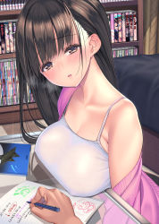 Rule 34 | black hair, blush, bookshelf, breast rest, breasts, brown eyes, cleavage, coffee cat, commentary request, covered erect nipples, desk, highres, holding, holding pen, indoors, jacket, large breasts, long hair, looking at viewer, manga (object), math, off shoulder, open mouth, pen, pov, pov hands, purple jacket, shirt, solo focus, spaghetti strap, straight hair, sweat, tutor, white shirt