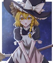 Rule 34 | 1girl, absurdres, apron, blonde hair, blush, border, bow, braid, broom, commentary request, crossed bangs, full moon, hat, hat bow, highres, jingai (k1bun), kirisame marisa, long hair, looking at viewer, medium hair, moon, night, open mouth, outside border, puffy short sleeves, puffy sleeves, short sleeves, single braid, solo, star (sky), touhou, v arms, waist apron, white border, white bow, witch hat, yellow eyes