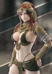 Rule 34 | 1girl, 3d, absurdres, arm at side, armor, bikini armor, black panties, breasts, brown hair, cleavage, cowboy shot, egyptian, egyptian clothes, eyelashes, female focus, forehead protector, gorget, green eyes, hand on own hip, headdress, highleg, highleg panties, highres, jewelry, kingdom under fire, large breasts, lips, loincloth, long hair, looking at viewer, midriff, navel, original, panties, patterned background, pauldrons, pelvic curtain, ponytail, primrose egypt, ryanreos, scale armor, seigaiha, shoulder armor, shoulder pads, sideboob, sidelocks, smile, solo, standing, striped, striped background, thong, underwear, vambraces