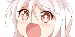 Rule 34 | 10s, 1girl, brown eyes, eyebrows, gradient eyes, hair between eyes, kantai collection, kikuzuki (kancolle), long hair, looking at viewer, multicolored eyes, nahaki, open mouth, portrait, simple background, sin-poi, solo, sparkling eyes, symbol-shaped pupils, white background, white hair
