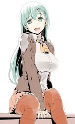 Rule 34 | 10s, 1girl, :d, between legs, blazer, breasts, green eyes, green hair, hair ornament, hairclip, hand between legs, himura kiseki, jacket, kantai collection, large breasts, long hair, long sleeves, matching hair/eyes, miniskirt, neckerchief, open mouth, orange thighhighs, pleated skirt, shoulder pads, simple background, sitting, skirt, smile, solo, striped clothes, striped thighhighs, suzuya (kancolle), thighhighs, white background
