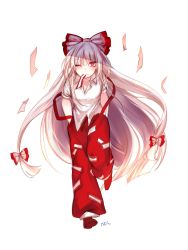 Rule 34 | 1girl, ;), bow, collarbone, fujiwara no mokou, full body, hair between eyes, hair bow, hands in pockets, highres, leg up, long hair, looking at viewer, mouth hold, ofuda, one eye closed, pants, red eyes, red footwear, red pants, shan, shirt, shoes, short sleeves, silver hair, simple background, smile, solo, standing, standing on one leg, suspenders, suspenders slip, touhou, very long hair, white background, white bow, white shirt, wing collar