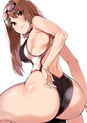 Rule 34 | 1girl, ass, ass focus, back, blush, breasts, brown hair, competition swimsuit, curvy, eyewear on head, goddess of victory: nikke, highleg, highleg swimsuit, huge ass, large breasts, long hair, looking back, mamedenkyuu (berun), one-piece swimsuit, rapi (classic vacation) (nikke), rapi (nikke), red eyes, shiny skin, simple background, sitting, skindentation, solo, swimsuit, thick thighs, thighs, white background, wide hips