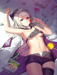 Rule 34 | 1girl, aa-12 (girls&#039; frontline), absurdres, bandaid, bandaid on face, bandaid on forehead, black shorts, black thighhighs, blue eyes, candy, crop top, food, girls&#039; frontline, hair ornament, hat, highres, holding, holding candy, holding food, holding lollipop, jacket, kalina (girls&#039; frontline), lollipop, lying, multicolored clothes, multicolored jacket, navel, partially unzipped, purple jacket, s bokdong, short shorts, shorts, single thighhigh, solo, star (symbol), star hair ornament, thighhighs, two-tone jacket, unworn jacket, white hair, white jacket