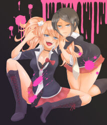 Rule 34 | 2girls, arm around neck, bear hair ornament, black background, black footwear, black hair, black shirt, blonde hair, blood, blood splatter, blue eyes, breasts, calf boots, choker, cleavage, closed mouth, collarbone, danganronpa: trigger happy havoc, danganronpa (series), enoshima junko, fingernails, freckles, frown, full body, grey eyes, hair ornament, hand up, highres, ikusaba mukuro, kneeling, knees, large breasts, legs apart, m/, matching outfits, multiple girls, nail polish, open mouth, pink blood, red nails, red skirt, shirt, siblings, simple background, sisters, sitting, skirt, smile, spread legs, teeth, thighs, tongue, twins, twintails, upper teeth only