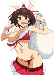 Rule 34 | 1girl, absurdres, accidental exposure, alternate costume, animal ears, armpits, bare shoulders, belt, blush, bouncing breasts, breasts, breasts out, brown eyes, brown hair, clothes pull, embarrassed, fur trim, gluteal fold, hair ribbon, hairband, haruhisky, hat, highres, looking at viewer, medium breasts, miniskirt, navel, nipples, panties, pants falling, party hat, pom pom (clothes), rabbit ears, red headwear, red panties, red ribbon, red skirt, ribbon, santa costume, short hair, simple background, skirt, skirt pull, solo, stomach, suzumiya haruhi, suzumiya haruhi no yuuutsu, sweatband, sweatdrop, thigh gap, thighs, unaligned breasts, underwear, wardrobe malfunction, white background