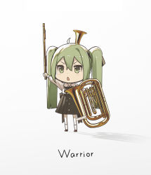 Rule 34 | 1girl, arm up, black skirt, chibi, chinese commentary, commentary, english text, flute, full body, gold, green eyes, green hair, hair ribbon, hat, hatsune miku, highres, holding, holding instrument, holding weapon, improvised shield, improvised weapon, instrument, kieed, long hair, outstretched arm, pleated skirt, ribbon, shadow, shirt, skirt, solo, standing, triangle mouth, tuba, twintails, v-shaped eyebrows, very long hair, vocaloid, warrior, weapon, white background, white shirt