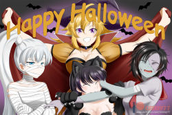 Rule 34 | 4girls, animal ears, bat (animal), biting, blake belladonna, breasts, cape, cat ears, cat girl, choker, cleavage, closed mouth, facial scar, grin, halloween, highres, kimmy77, multiple girls, mummy costume, ruby rose, rwby, scar, scar across eye, scar on cheek, scar on face, school uniform, serafuku, siblings, sisters, smile, stitches, weiss schnee, witch, yang xiao long, zombie