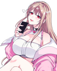 Rule 34 | 1girl, :d, bare shoulders, black collar, blush, breasts, cellphone, choker, cleavage, collar, crop top, crossed legs, dimjh, goddess of victory: nikke, hair intakes, heart, heart collar, highres, holding, holding phone, horns, jacket, large breasts, light brown hair, long hair, off-shoulder jacket, off shoulder, open mouth, phone, pink horns, pink jacket, red eyes, simple background, sitting, smartphone, smile, solo, viper (nikke), white background, zipper pull tab