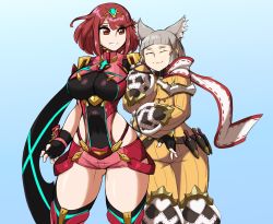 Rule 34 | 2girls, breasts, highres, large breasts, multiple girls, navel, nia (xenoblade), nintendo, pyra (xenoblade), red eyes, red hair, smile, xenoblade chronicles (series), xenoblade chronicles 2