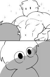 Rule 34 | 2boys, abs, awestruck, bara, beckoning, blank eyes, boob shadow (meme), chibi, from below, greyscale, large pectorals, male focus, meme, monochrome, multiple boys, muscle awe, muscular, muscular male, nipples, original, outstretched hand, pectorals, protected link, reaching, reaching towards viewer, sequential, shaded face, short hair, sibi2028, sparkle, stomach, upper body, wide-eyed, x navel, yaoi