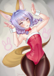 Rule 34 | 1girl, animal ear fluff, animal ears, armpits, arms up, bare shoulders, black pantyhose, blue hair, blush, bow, bowtie, braid, brown eyes, commentary request, detached collar, dog ears, dog tail, elin, fishnet pantyhose, fishnets, hair intakes, highres, kumehara chiyota, leotard, long hair, long tail, nontraditional playboy bunny, pantyhose, playboy bunny, rabbit girl, rabbit pose, red leotard, solo, strapless, strapless leotard, tail, tears, tera online, thick thighs, thighs, twin braids, twintails, wide hips, wrist cuffs