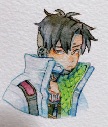 Rule 34 | 1boy, animification, apex legends, black eyes, black hair, cropped torso, crypto (apex legends), green vest, husagin, jacket, jewelry, looking to the side, male focus, mole, mole under eye, necklace, parted hair, portrait, solo, traditional media, vest, white background, white jacket