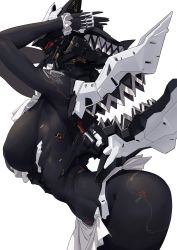 Rule 34 | 1girl, absurdres, animal ears, armor, arms up, ass, breastplate, covered navel, covered erect nipples, fake animal ears, frills, highres, maid, original, red eyes, science fiction, sharp teeth, shizuoxing kof, simple background, solo, teeth, tight clothes, white background