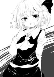 Rule 34 | 1girl, blush, fang, female focus, greyscale, heart, highres, kinokodake, monochrome, pointing, pointing at self, rumia, sketch, skirt, smile, solo, touhou, white background