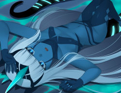 Rule 34 | 001 (darling in the franxx), 10s, 1girl, absurdly long hair, blue eyes, blue nails, blue skin, blunt bangs, breasts, colored skin, darling in the franxx, fingernails, honda naoki, horns, legs together, long hair, looking at viewer, lying, nail polish, navel, on back, open mouth, sharp teeth, small breasts, solo, straight hair, teeth, tentacles, very long hair, white hair