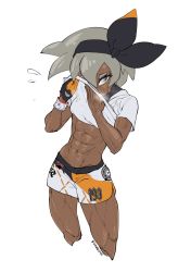 Rule 34 | 1girl, abs, bea (pokemon), black bow, bob cut, bow, bow hairband, cel shading, clothes pull, cowboy shot, creatures (company), crosshatching, dark-skinned female, dark skin, from above, game freak, gloves, grey eyes, hairband, hatching (texture), looking at viewer, muscular, muscular female, nintendo, patterned clothing, pokemon, pokemon swsh, sanchezisfine, shirt, shirt pull, short eyebrows, short hair, short shorts, shorts, silver hair, solo, sweat, sweatdrop, t-shirt, underpants, undershirt, white background, white shirt, white shorts, wristband