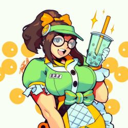 Rule 34 | 1girl, ;), alternate hairstyle, apron, breasts, brown eyes, brown hair, bubble tea, commentary, cup, disposable cup, drinking straw, english commentary, glasses, gloves, honeydew mei, large breasts, mei (overwatch), name tag, official alternate costume, one eye closed, open mouth, overwatch, overwatch 1, ponytail, puffy short sleeves, puffy sleeves, robaato, round eyewear, short sleeves, sidelocks, signature, smile, solo, uniform, visor cap, waist apron, white gloves