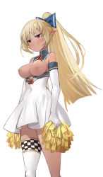 Rule 34 | 1girl, bare shoulders, blonde hair, blue bow, blush, bow, breasts, checkered clothes, collarbone, cowboy shot, dark-skinned female, dark skin, detached collar, elbow gloves, elf, embarrassed, furrowed brow, fuyouchu, gloves, hair bow, hair ornament, high-waist skirt, high ponytail, highres, holding, holding pom poms, hololive, long hair, medium breasts, nipples, orange eyes, pointy ears, pom pom (cheerleading), pom poms, ponytail, shiranui flare, shiranui flare (old design), single thighhigh, skirt, smile, solo, sweatdrop, thighhighs, thighs, topless, virtual youtuber, white background, white skirt