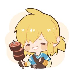 Rule 34 | 1boy, belt, blonde hair, blue shirt, brown belt, brown gloves, chibi, closed eyes, cropped torso, drooling, fingerless gloves, food, gloves, hands up, highres, holding, holding food, jiuying, layered sleeves, link, long sleeves, medium hair, mouth drool, nintendo, open mouth, roast pork, shirt, short over long sleeves, short sleeves, shoulder belt, smile, solo, the legend of zelda, the legend of zelda: breath of the wild, two-tone background, upper body, white background, yellow background, yellow shirt