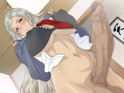 Rule 34 | 1futa, blonde hair, blouse, blue eyes, bottomless, bra, breasts, censored, covered erect nipples, erection, eyelashes, futanari, huge breasts, indoors, konbuni, lipstick, long hair, makeup, necktie, newhalf, open clothes, open shirt, penis, red necktie, school uniform, shirt, solo, stomach, testicles, thighhighs, underwear, undressing, white shirt