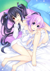 Rule 34 | 2girls, :p, absurdres, barefoot, bed, black hair, blush, feet, hair ribbon, highres, long hair, looking at viewer, multiple girls, naked shirt, navel, neptune (neptunia), neptune (series), noire (neptunia), official art, purple eyes, purple hair, red eyes, ribbon, shirt, toes, tongue, tongue out, tsunako, twintails, very long hair
