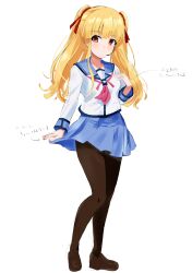 Rule 34 | 1girl, absurdres, angel beats!, arm at side, black pantyhose, blonde hair, blue sailor collar, blue skirt, blunt bangs, blush, brown footwear, closed mouth, commentary request, earpiece, expressionless, full body, hand up, highres, knees together feet apart, legs, loafers, long hair, long sleeves, looking to the side, miniskirt, neckerchief, orange eyes, pantyhose, pink neckerchief, pleated skirt, sailor collar, school uniform, serafuku, shinda sekai sensen uniform, shirt, shoes, sidelocks, simple background, skirt, solo, standing, thighband pantyhose, thighs, translation request, twintails, white background, white shirt, yusa (angel beats!), zenoo