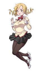 Rule 34 | 1girl, blonde hair, bow, bowtie, brown pantyhose, commentary request, highres, justeeeeth, korean commentary, mahou shoujo madoka magica, mahou shoujo madoka magica (anime), pantyhose, school uniform, skirt, solo, tagme, thighs, tomoe mami, white footwear, yellow eyes