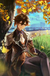 Rule 34 | 1boy, absurdres, black gloves, brown hair, closed mouth, coattails, collared shirt, commentary request, day, earrings, eyeliner, falling leaves, formal, genshin impact, ginkgo leaf, ginlear, gloves, gradient hair, grass, hair between eyes, highres, jacket, jewelry, leaf, long hair, long sleeves, looking at viewer, makeup, male focus, multicolored hair, necktie, orange hair, outdoors, pants, ponytail, railing, shirt, single earring, sitting, smile, solo, suit, tassel, tassel earrings, tree, white necktie, yellow eyes, zhongli (genshin impact)
