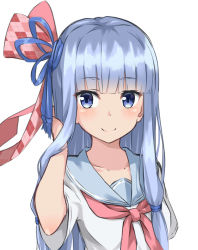 Rule 34 | 1girl, bad id, bad pixiv id, blue eyes, blue hair, blue ribbon, blue sailor collar, blunt bangs, blush, closed mouth, collarbone, commentary request, hair ribbon, hand in own hair, hand up, highres, kohakope, kotonoha aoi, neckerchief, red neckerchief, ribbon, sailor collar, school uniform, serafuku, shirt, short sleeves, simple background, smile, solo, voiceroid, white background, white shirt