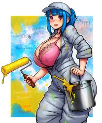 1girl, bangs, blue hair, blunt bangs, blush, bodysuit, bra, breasts, bucket, buttons, cowboy shot, erkaz, eyebrows visible through hair, flying button, grey bodysuit, grey headwear, hat, highres, huge breasts, long sleeves, open mouth, original, outline, paint, paint can, paint roller, pink bra, ponytail, popped button, red eyes, rina atherina, solo, underwear, wardrobe malfunction, white outline
