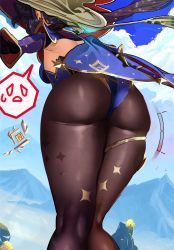 Rule 34 | 1girl, ass, ass focus, black hair, black legwear, blue hat, breasts, cape, close-up, commentary, discoshoujo, english commentary, floating hair, from behind, gameplay mechanics, genshin impact, hat, highres, kneepits, leaning forward, long hair, mona (genshin impact), nervous, small breasts, solo, speech bubble, thighs, witch hat