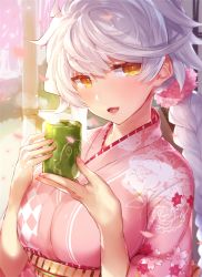 Rule 34 | 1girl, alternate costume, animal print, asymmetrical hair, bad id, bad twitter id, blurry, blush, braid, breasts, casual, cherry blossoms, commentary request, cup, depth of field, failure penguin, floral print, hair between eyes, japanese clothes, jitome, kantai collection, kimono, large breasts, long hair, looking at viewer, obi, open mouth, petals, pink kimono, pokoten (pokoten718), sash, silver hair, single braid, solo, unryuu (kancolle), upper body, very long hair, wavy hair, wide sleeves, wooden floor, yellow eyes, yunomi