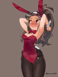 Rule 34 | 1girl, animal ears, armpits, arms up, black pantyhose, blue eyes, blush, bow, bowtie, breasts, brown background, brown hair, cleavage, closed mouth, collar, cowboy shot, creatures (company), detached collar, embarrassed, fake animal ears, female focus, game freak, hat, highres, hilda (pokemon), kaz an, leotard, looking to the side, nintendo, pantyhose, playboy bunny, pokemon, pokemon bw, ponytail, rabbit ears, rabbit tail, shiny clothes, simple background, small breasts, solo, sweat, tail, thigh gap, visor cap, wrist cuffs