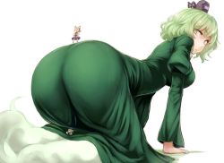 Rule 34 | 3girls, all fours, ass, dress, ghost, ghost tail, giant, giantess, green dress, green eyes, green hair, hair between eyes, hat, japanese clothes, kariginu, long sleeves, looking at another, looking back, mononobe no futo, multiple girls, puffy long sleeves, puffy sleeves, short hair, soga no tojiko, tate eboshi, touhou, toyosatomimi no miko, utopia, wavy hair