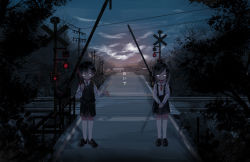 Rule 34 | 1boy, 1girl, black hair, constricted pupils, dark, glowing, glowing eyes, horror (theme), hyde (hai-do), japanese tit, kneehighs, loafers, long image, long sleeves, original, outstretched hand, peter pan collar, railroad tracks, shoes, short hair, siblings, skirtall, socks, tit (bird), translation request, twins, wide image