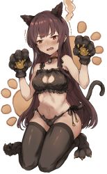 Rule 34 | 1girl, absurdres, animal ears, animal hands, bare shoulders, bell, black bra, black panties, black ribbon, black thighhighs, blush, bra, breasts, cat ear panties, cat ears, cat lingerie, cat tail, choker, claws, cleavage, cleavage cutout, closed eyes, clothing cutout, collarbone, commentary request, embarrassed, fang, frilled bra, frills, full body, girls&#039; frontline, gloves, hand up, highres, jingle bell, kemonomimi mode, kintsuba (garapagosukkk), kneeling, long hair, looking at viewer, medium breasts, meme attire, motion lines, navel, neck bell, nose blush, panties, paw gloves, paw print, paw print background, paw shoes, purple hair, red eyes, red hair, ribbon, shoes, side-tie panties, skin fang, solo, stomach, tail, tearing up, tears, thighhighs, trembling, underwear, underwear only, v-shaped eyebrows, wa2000 (girls&#039; frontline), wavy mouth, white background