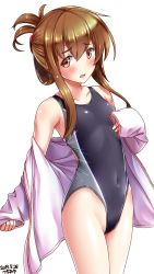 Rule 34 | 1girl, alternate costume, bare shoulders, blush, breasts, brown eyes, brown hair, collarbone, commentary request, competition swimsuit, covered navel, cowboy shot, folded ponytail, groin, hair between eyes, hair tie, highleg, highres, inazuma (kancolle), jacket, kantai collection, long hair, long sleeves, looking at viewer, navel, off shoulder, one-piece swimsuit, open mouth, sidelocks, simple background, skindentation, small breasts, solo, standing, swimsuit, swimsuit under clothes, tearing up, tsuchimiya, white background