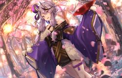 Rule 34 | 1girl, bare shoulders, dutch angle, facing viewer, hair between eyes, highres, horns, japanese clothes, kimono, long hair, mole, mole under mouth, nijisanji, oni, outdoors, pink eyes, pointy ears, purple hair, purple kimono, rindou mikoto, short eyebrows, skin-covered horns, sleeves past wrists, solo, standing, thick eyebrows, tree, virtual youtuber, wide sleeves, yu ni t