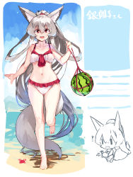 Rule 34 | 1girl, :d, absurdly long hair, absurdres, animal, animal ear fluff, animal ears, bare arms, bare legs, bare shoulders, barefoot, bikini, breasts, chibi, collarbone, commentary request, crab, day, food, fox ears, fox girl, fox tail, frilled bikini, frills, fruit, grey hair, hair between eyes, highres, holding, holding animal, long hair, medium breasts, multiple views, navel, open mouth, original, outdoors, ponytail, red eyes, sidelocks, smile, standing, standing on one leg, swimsuit, tail, translation request, very long hair, water, watermelon, white bikini, yuuji (yukimimi)