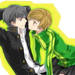 Rule 34 | atlus, blouse, brown hair, couple, grey hair, lowres, narukami yuu, persona, persona 4, satonaka chie, shirt, tsuji yuzu, white shirt