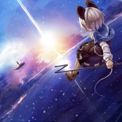 Rule 34 | 1girl, aircraft, airship, animal ears, blush, cloud, dowsing rod, flying, from behind, greatmosu, grey hair, highres, mouse ears, mouse tail, nazrin, palanquin ship, short hair, skirt, snow, solo, tail, touhou