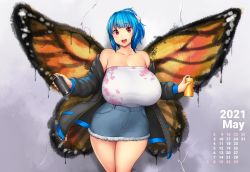Rule 34 | 1girl, 2021, bare shoulders, black jacket, blue hair, blunt bangs, blush, breasts, butterfly wings, calendar (medium), concrete, covered erect nipples, cowboy shot, curvy, dated, denim, denim skirt, erkaz, graffiti, highres, holding, huge breasts, insect wings, jacket, looking at viewer, monarch butterfly, open mouth, original, outdoors, red eyes, rina atherina, road, skirt, smile, solo, spray can, spray paint, strapless, street, summer, tube top, wide hips, wings