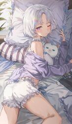 Rule 34 | 1girl, 2gong (9ujin ), absurdres, bloomers, blush, breasts, cellphone, closed mouth, copyright request, highres, looking at viewer, lying, medium breasts, on side, one eye closed, phone, pillow, purple eyes, short hair, solo, thighs, underwear, virtual youtuber, white bloomers, white hair