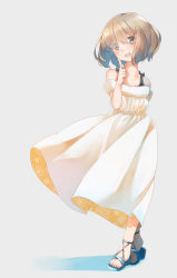 Rule 34 | 1girl, :d, bare shoulders, blue footwear, brown hair, collarbone, colored shadow, comah, dress, eyes visible through hair, full body, green eyes, grey background, hair ornament, hair over one eye, hairclip, hand up, head tilt, highres, index finger raised, off-shoulder dress, off shoulder, open mouth, original, round teeth, sandals, shadow, short hair, smile, solo, standing, teeth, upper teeth only, white dress