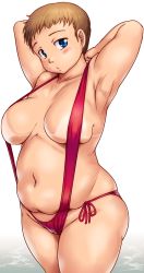 Rule 34 | 1girl, armpits, arms behind head, bikini, bikini tan, blue eyes, breasts, breasts apart, character request, collarbone, commentary request, copyright request, cowboy shot, head tilt, highres, large breasts, light brown hair, looking at viewer, navel, one-piece swimsuit, orizen, parted lips, plump, red bikini, red one-piece swimsuit, short hair, side-tie bikini bottom, slingshot swimsuit, solo, swimsuit, tan, tanline, tareme, thick arms, thick thighs, thighs, white background