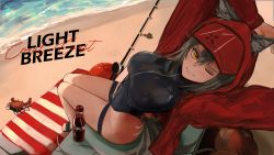 Rule 34 | 1girl, absurdres, aernius, animal ears, arknights, arms up, ball, bare legs, beach, beach towel, beachball, black footwear, black one-piece swimsuit, bottle, breasts, cola, commentary, crab, fishing rod, flip-flops, grey hair, hair between eyes, highres, hood, hooded jacket, jacket, large breasts, long sleeves, looking at viewer, ocean, one-piece swimsuit, one eye closed, open clothes, open jacket, projekt red (arknights), projekt red (light breeze) (arknights), red jacket, sandals, short hair, sitting, solo, swimsuit, thigh strap, thighs, towel, water, wolf ears, yellow eyes